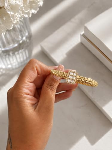 Diva Charm Gold Crystal Bangle Bracelet for Women, Stainless Steel Hinged Cuff Bracelet with Baguette Cubic Zirconia, Elegant Statement Jewellery