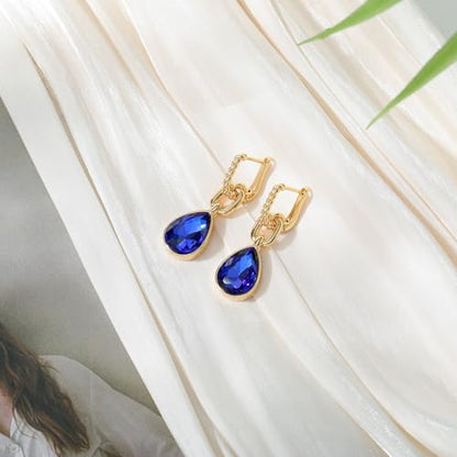 Crystals Teardrop Dangle Drop Earrings, 18K Gold Plated Hoop Earrings Zirconia Jewelry for Women Gifts - color: Navy blue-Long
