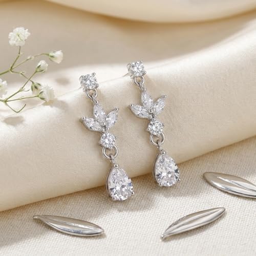 Sonateomber Gold Silver Pearl Rhinestone Dangle Earrings for Women, Elegant CZ Leaf Butterfly Bridal Earings Prom Wedding Fashion Jewelry Gift - color: Silver CZ