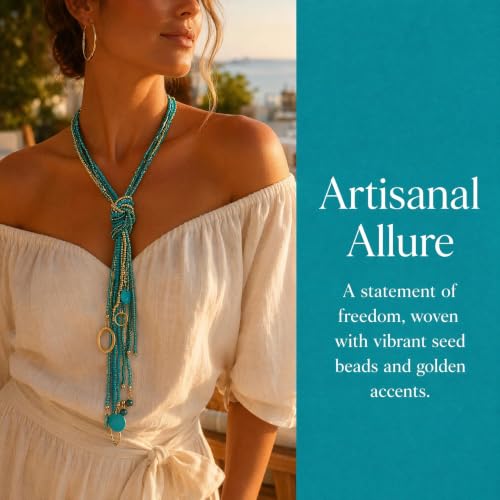 Coiris Long Seed Beaded Multi Strand Necklace,10 Multiple Statement Long Bib Necklace with Tie Knot for Women and Girls Jewelry - color: Teal