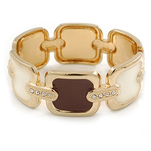 Avalaya Cream/Brown Enamel Square, Crystal Hinged Bangle Bracelet In Gold Tone - 19cm L