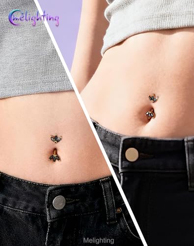 Melighting 14G Gold Lotus Belly Button Ring, Double CZ Navel Ring 316L Surgical Stainless Steel Marquise 5A CZ Steel Belly Bar 8 mm/10 mm - color: Gold Black, size: 14g10mm