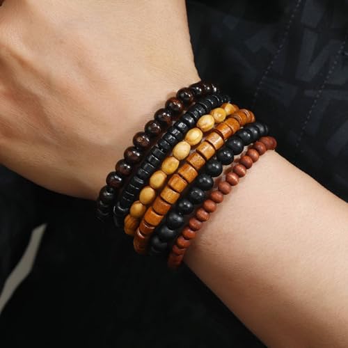 Mens Beaded Bracelets Tribal Wooden Elastic Adjustable Prayer Beads Wrap Cuff for Women - color: F: 6pcs