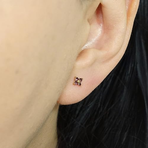 QueenBee 14K Gold Plated Ivy Flower Birthstone Stud Earrings for Women Dainty Floral Gemstone Studs Unique Jewelry Gift for Her - color: Oct-Pink Tourmaline
