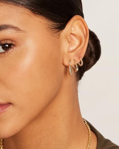PAVOI Gold Hoop Earrings for Women - 14K-18K Yellow Gold Plated 925 Sterling Silver - Hypoallergenic 3-Pair Small Hoop Earings Set with Cubic Zirconia - Rope Teardrop & Chunky Huggie Styles Earscape Piercings - style: Chunky
