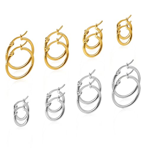 5 Pairs Silver Gold Small Hoop Earrings for Women Surgical Steel Huggie Set | 10 12 14 16 20 mm, Lightweight, Hypoallergenic, 14K Gold Plated 316L Stainless Steel Jewelry, Multiple Piercing - color: Silver+Gold/8 Pairs