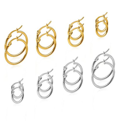 5 Pairs Silver Gold Small Hoop Earrings for Women Surgical Steel Huggie Set | 10 12 14 16 20 mm, Lightweight, Hypoallergenic, 14K Gold Plated 316L Stainless Steel Jewelry, Multiple Piercing - color: Silver+Gold/8 Pairs
