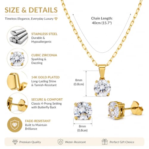 14K Gold Plated Crystal Jewelry set Cubic Zirconia Dainty Choker Necklace Earrings Stud Gold Necklaces for Women - color: Round CZ