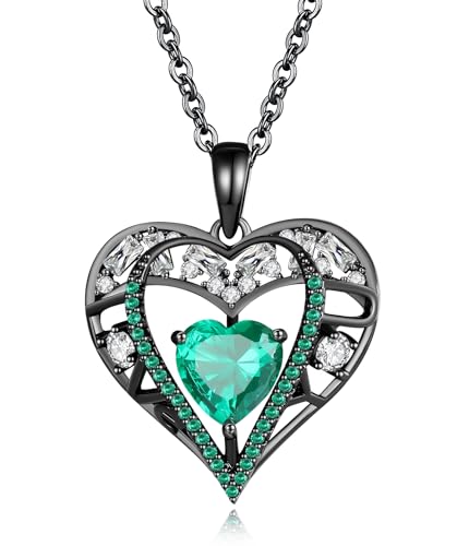5 Heart I Love You Necklace for Women, Birthstone Crystal Pendant, Birthday Gift for Her, Wife, Mom, Rose Gold or Gunmetal Plated, 925 Sterling Silver Chain 18"+2" - color: 18-May-Emerald Green-GunMetal Plated