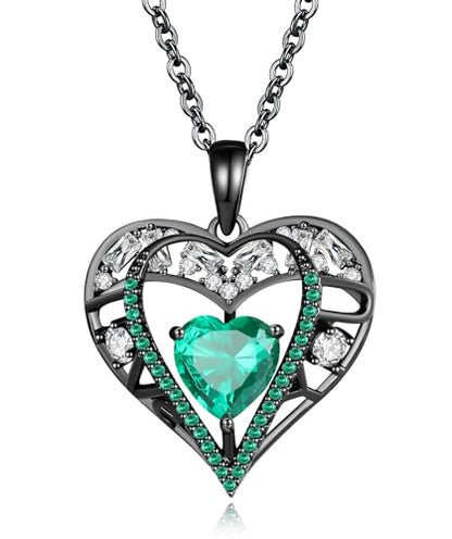 5 Heart I Love You Necklace for Women, Birthstone Crystal Pendant, Birthday Gift for Her, Wife, Mom, Rose Gold or Gunmetal Plated, 925 Sterling Silver Chain 18"+2" - color: 18-May-Emerald Green-GunMetal Plated