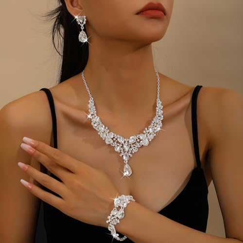 NEWITIN 4 Pieces Crystal Jewelry Set for Women Wedding Costume Accessories | Hypoallergenic, Cubic Zirconia, Necklace Earrings Bracelet, Tennis, Silver Jewelry for Wedding Bride Bridesmaid Party Prom - color: Silver Shiny