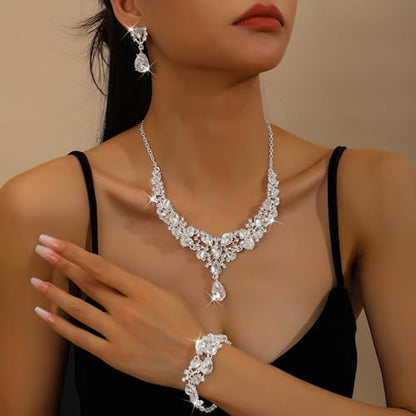 NEWITIN 4 Pieces Crystal Jewelry Set for Women Wedding Costume Accessories | Hypoallergenic, Cubic Zirconia, Necklace Earrings Bracelet, Tennis, Silver Jewelry for Wedding Bride Bridesmaid Party Prom - color: Silver Shiny