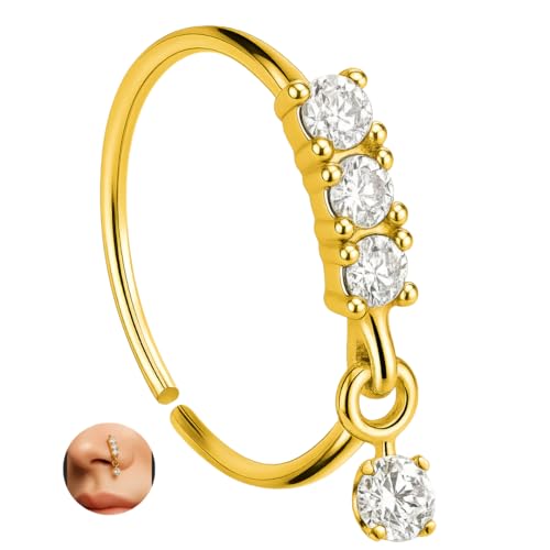 925 S Silver Dangle Nose Ring – 22G 8mm Hoop with CZ Drop Charm, Gold Hypoallergenic Continuous Seamless Hoop for Nostril Piercing, Minimalist Sparkly Nose Jewelry for Women - color: Gold-Plated