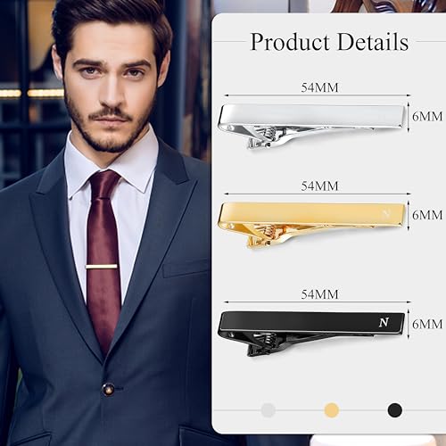 3Pcs Stainless Steel Tie Clips for Men Unique Gold Tie Bar Pin Tack Set | 3 Pcs Elegant Personalized Classic Letter Tie Clips for Men, Silver and Black Tone