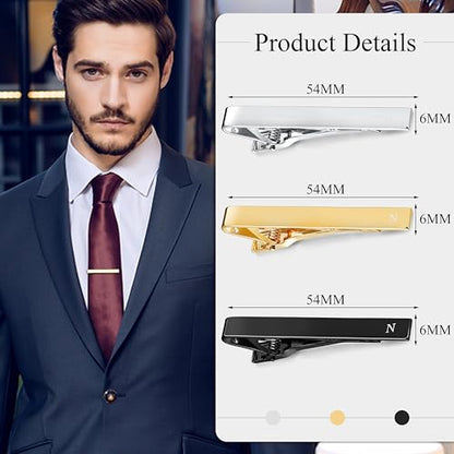 3Pcs Stainless Steel Tie Clips for Men Unique Gold Tie Bar Pin Tack Set | 3 Pcs Elegant Personalized Classic Letter Tie Clips for Men, Silver and Black Tone