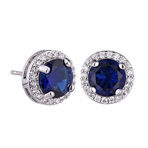 AMYJANE Halo Crystal Jewelry Set - Sterling Silver Round Cubic Zirconia Crystal Bridal Pendant Necklace Earrings Set for Wedding Bride Bridesmaids - color: Sapphire