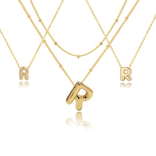 stino 4PCs Bubble Initial Letter Necklace Set, No Tarnish 14K Gold Plated Alphabet Pendant, Jewelry for Women - style: R