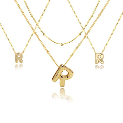 stino 4PCs Bubble Initial Letter Necklace Set, No Tarnish 14K Gold Plated Alphabet Pendant, Jewelry for Women - style: R