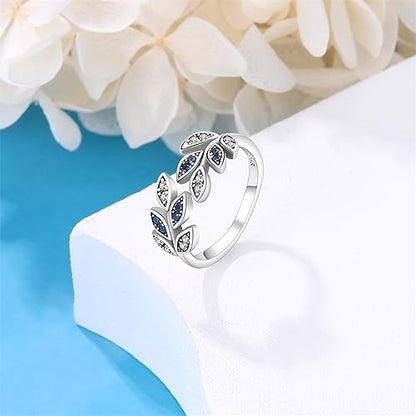 KUNSIR 925 Silver Cubic Zirconia Ring Size 7-9 Wedding Band Sterling Silver Eternity Ring Modern Style - style: Leaf Ring