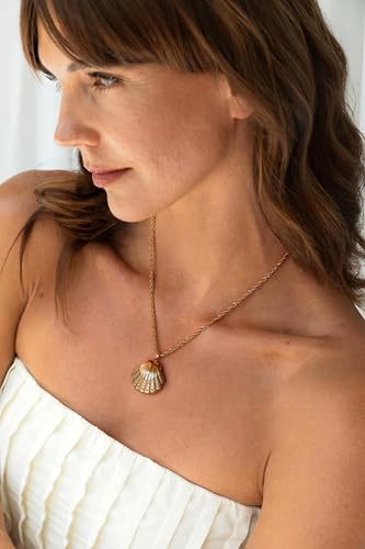 18k Gold Plated Chain Link Necklace for Women, Baroque Pearl/Compass Pendant Necklace - color: Shell