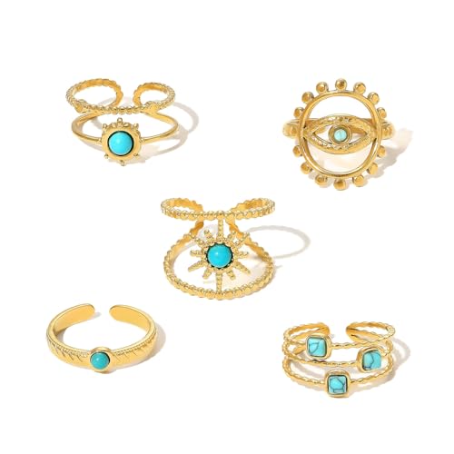 18K Gold-Plated Turquoise Ring Set for Women 5Pcs Vintage Boho Knuckle Rings Adjustable Stainless Steel Rings Starlight Devil's Eye Turquoise Ring Sun Feathers Wide Band Finger Stackable Rings Jewelry Gift - color: Gold-B