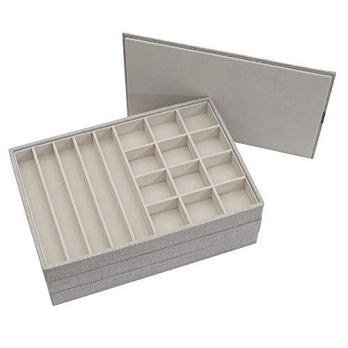 Household Essentials Grey Stacking Jewelry Organizer Box Tray Set with Removable Lid Fabric (744-1) - color: White