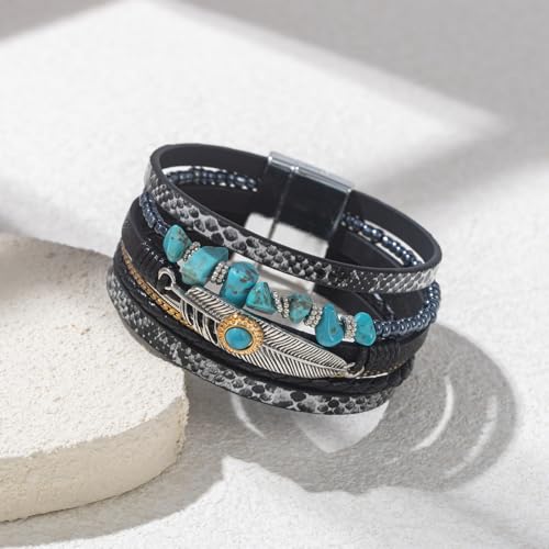 Western Turquoise Leather Cuff Bracelets Boho Feather Cowgirl Jewelry | Stackable Country Hippie Wrap Bangle Set Magnetic Clasp Chunky Beaded Stone Bohemian Statement Outfits for Women Trendy - color: Black