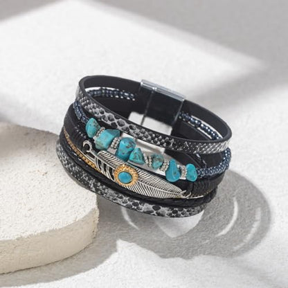 Western Turquoise Leather Cuff Bracelets Boho Feather Cowgirl Jewelry | Stackable Country Hippie Wrap Bangle Set Magnetic Clasp Chunky Beaded Stone Bohemian Statement Outfits for Women Trendy - color: Black