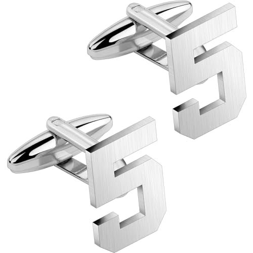 AMITER Mens Cufflinks with Number, Classic Silver Personalized Cuff Links for Men, Sport’s Day Casual or Formal Shirts - style: 5