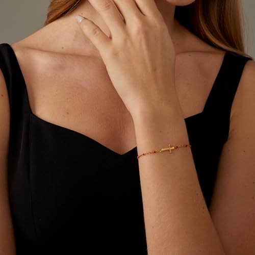 18K Gold Plated Pearl Beaded Cross Bracelets for Women Adjustable Stainless Steel Dainty Thin Gold Box Cuban Twisted Link Chain Bracelet Bridesmaid Jewelry Gifts - color: Red Cross-Gold
