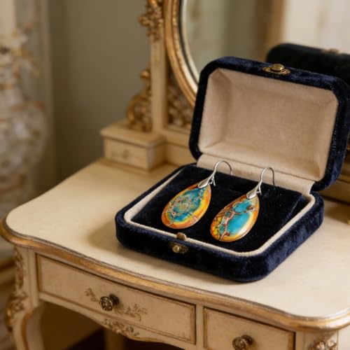 Boho Natural Imperial Jasper Teardrop Dangle Earrings for Women – Hypoallergenic French Hook Stone Drop Earrings Jewelry - color: Yellow Green Silvery Hook