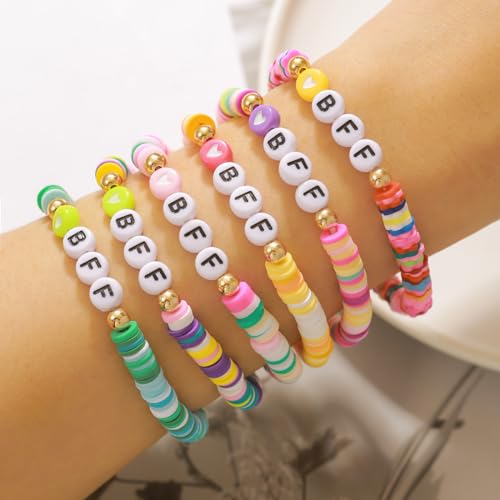 Friendship Bracelets for Women - Heishi Surfer Colorful Smile Evil Eye Clay Beaded Stretch Bracelets Elastic Layering - Stackable Boho Disc Y2K Aesthetic Summer Jewelry Set. - color: D-BFF