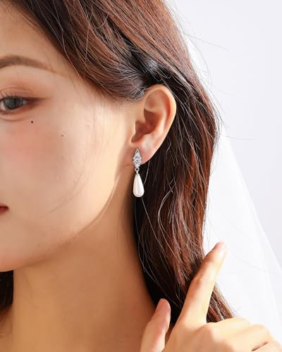 Pearl Earrings for Women, 14k Gold Plated Trendy Diamond Pearl Drop Earrings Bridal Shower Gifts Wedding jewelry for Women - color: Style I Silver