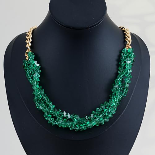 Crystal Statement Necklace with Gold Chain, Black and Clear Crystal Clusters, Chunky Curb Link Design, Fashion Jewelry for Women - color: Green
