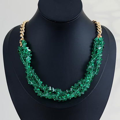 Crystal Statement Necklace with Gold Chain, Black and Clear Crystal Clusters, Chunky Curb Link Design, Fashion Jewelry for Women - color: Green