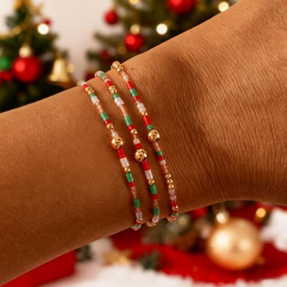 Colorful Gold Beaded Bracelets for Women Boho Tiny Gold Plated Ball Stretch Stackable Small Seed Beads Bracelet Stack Trendy Jewelry Set Dainty Vacation Friendship Christmas Gifts for Women - color: red green