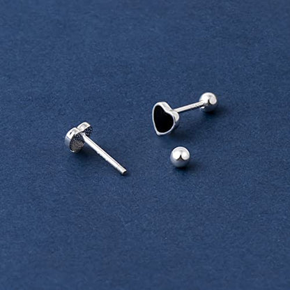 JSGEMSLEE Hypoallergenic 925 Sterling Silver Stud Earrings for Women With Screw Back Small Butterfly Heart Flower Earrings for Girls Tragus Cartilage Jewelry Gifts - color: Black Heart