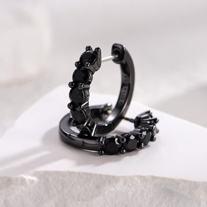 Evabelle Gold Hoop Earrings for Women 14K Real Gold Plated Cubic Zirconia Diamond Hoop Earrings Huggie Hoop Earring Women Earrings Earring for Men 925 Sterling Silver Post Hypoallergenic - color: Hoops 08-Black Ring and Stone