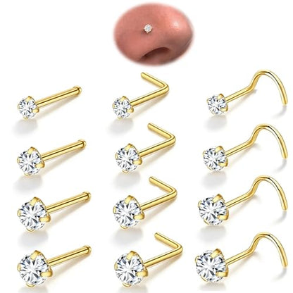 davka 20G L Shape Nose Studs 6PCS, 7mm Bar 3mm CZ Stainless Steel Nose Rings for Nostril Piercing, Small Snug Fit Nose Stud Jewelry for Daily Wear Work Sleep Women Men - color: 20G Mixed Shape Gold Nose Stud