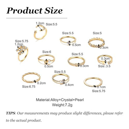 Gold Stackable Ring Set for Women, Dainty Fashion Rings Set with Pearl, Crystal, Heart, Bow and Wave Design, Trendy Midi Finger Rings Jewelry Gift - color: A3