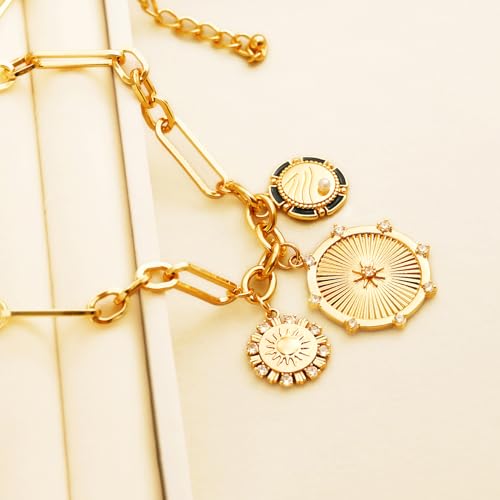 ORIGENCE Sun Heart Necklace for Women 18K Gold Plated Heart Pendant Necklace Chunky Chain Choker Necklaces Hip Hop Charm Necklaces Trendy Unisex Jewelry - style: 3Charm-Gold