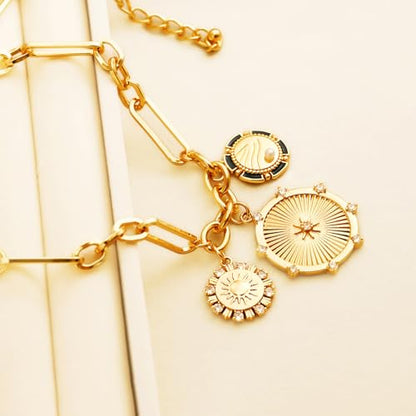 ORIGENCE Sun Heart Necklace for Women 18K Gold Plated Heart Pendant Necklace Chunky Chain Choker Necklaces Hip Hop Charm Necklaces Trendy Unisex Jewelry - style: 3Charm-Gold