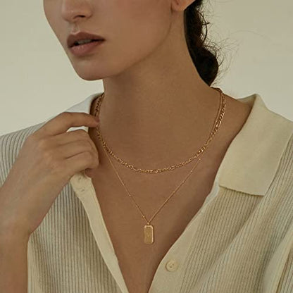 Gold Initial Necklace for Women 14K Gold Plated Figaro Chain Choker Layered Necklaces Set Bar Rectangle Pendant Necklaces Simple Dainty Letter Necklace Everyday Gold Jewelry - style: Letter M
