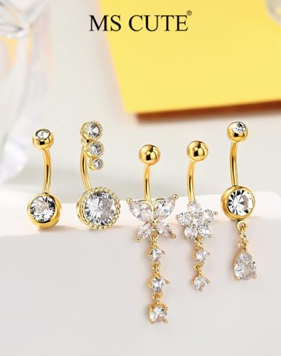 5PCS Belly Button Rings for Women Girls, 14G Surgical Steel Navel Rings Set, Gold & Silver CZ Dangle Body Piercing Jewelry - color: Gold-Butterfly