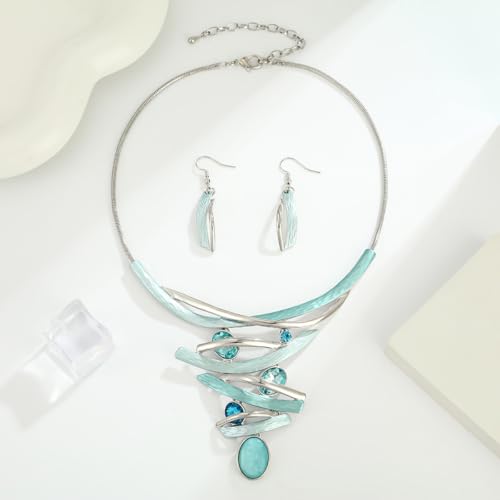 Chunky Statement Jewelry Set Vintage Retro Leaf Flower Floral Geometric Bohemian Boho Bib Necklace Earring Set Fashion Costume Jewelry for Women Girls Wedding Party Prom Unique Gift - style: Multilayer oval crystal JS silver aqua