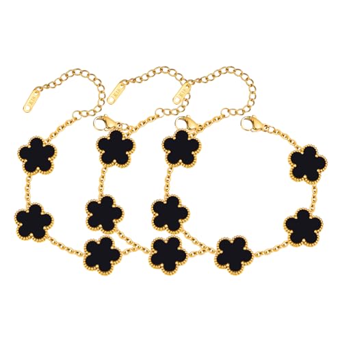 Women Gold Bracelets Jewelry Set - 3Pcs 18K Gold Plated Floral Bracelet,Stainless Steel Charm Bracelet Non-Tarnish,Adjustable Lucky Chain Trendy Gift,Christmas Valentines Birthday Gifts for Girlfriend - style: Black-3pcs