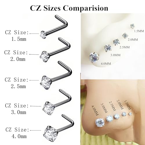 316L Surgical Steel 22g/20g/18g Nose Rings Studs L-Shape Nose Nostrial Piercing Body Jewerly L Shaped Nose Studs 1.5mm 2mm 2.5mm 3mm CZ Nose Screw Studs Rings for Women - style: 6pcs/L-shape/18g/1.5mm Clear CZ/Black