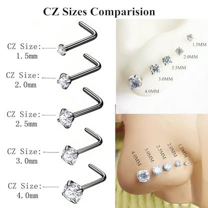 316L Surgical Steel 22g/20g/18g Nose Rings Studs L-Shape Nose Nostrial Piercing Body Jewerly L Shaped Nose Studs 1.5mm 2mm 2.5mm 3mm CZ Nose Screw Studs Rings for Women - style: 6pcs/L-shape/18g/1.5mm Clear CZ/Black