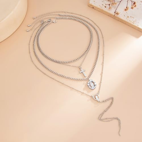 Gold Layered Necklace for Women Chunky Stacked Chain Link Paperclip Evil Eye Necklace Trendy Punk Jewelry - color: T-SilverA