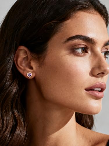 FindChic Birthstone Earrings for Women, Round/Heart/Square/Teardrop Earrings with 925 Sterling Silver Posts & Push Backs, Hypoallergenic Studs with Cubic Zirconia, 12 Months Jewelry with Gift Box - style: 02. February-Amethyst (Heart-Gold)